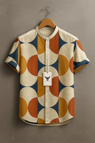 Retro Minimalist Color-block Symmetrical Geometry Print Casual 100% Cottton Shirt