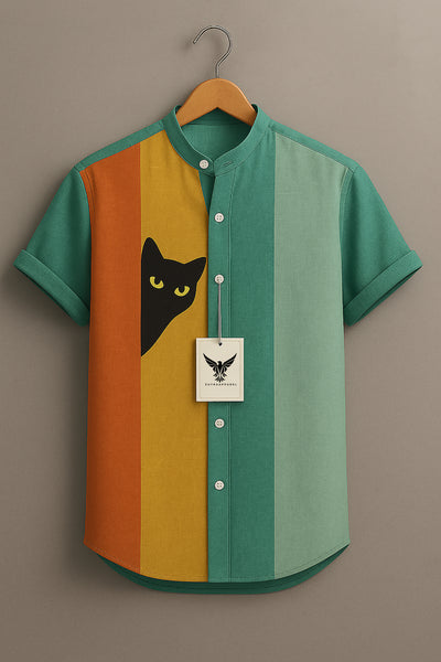 Cute Cat Print Casual 100% Cotton Shirt