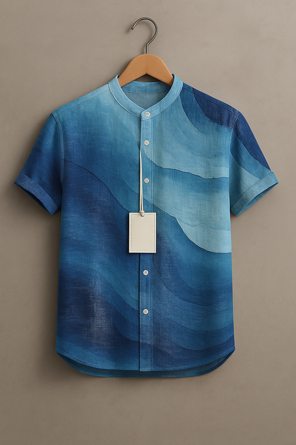 Men’s Blue Ombre Short Sleeve Button-Up Casual Shirt