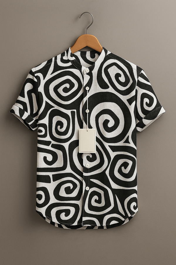 Men’s Monochrome Swirl Pattern Casual Button-Up Shirt