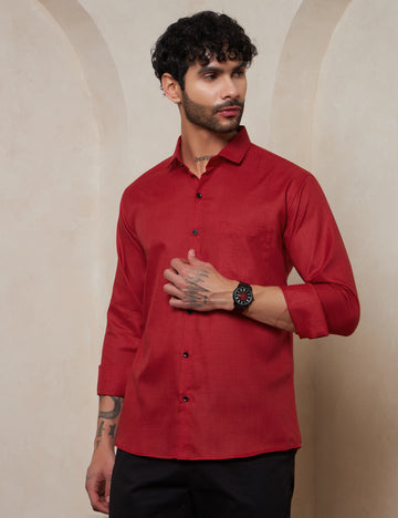 Men's Ruby Red Structured Spread Collar Cotton Shirt