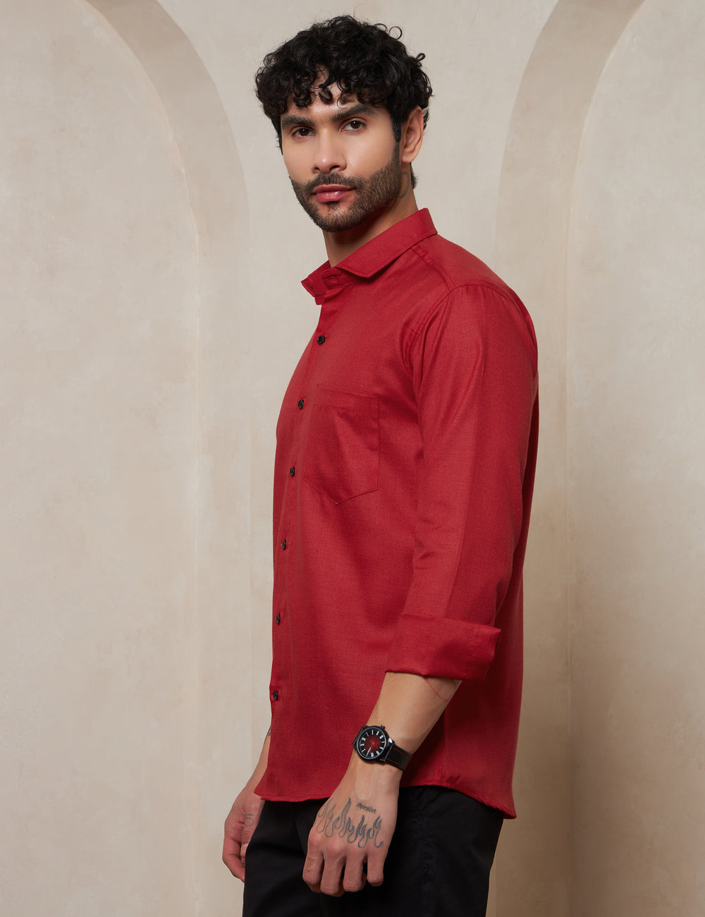 Men's Ruby Red Structured Spread Collar Cotton Shirt