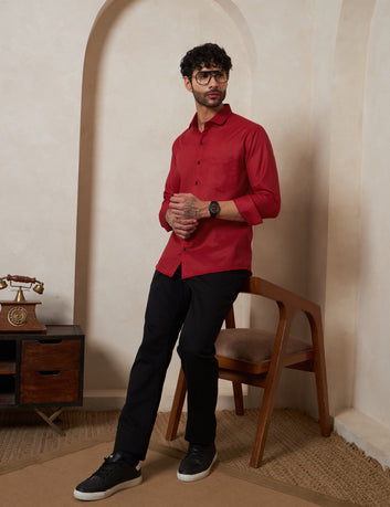 Men's Ruby Red Structured Spread Collar Cotton Shirt