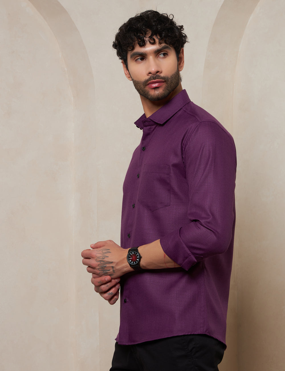 Men’s Deep Plum Purple Textured Cotton Formal Shirt