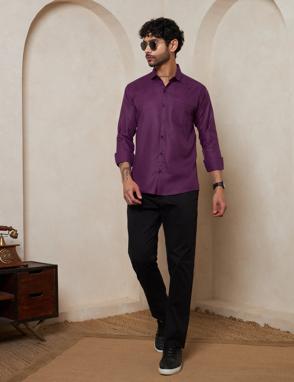 Men’s Deep Plum Purple Textured Cotton Formal Shirt