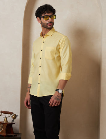 Pastel Yellow Solid Button-Down Shirt with Contrast Buttons