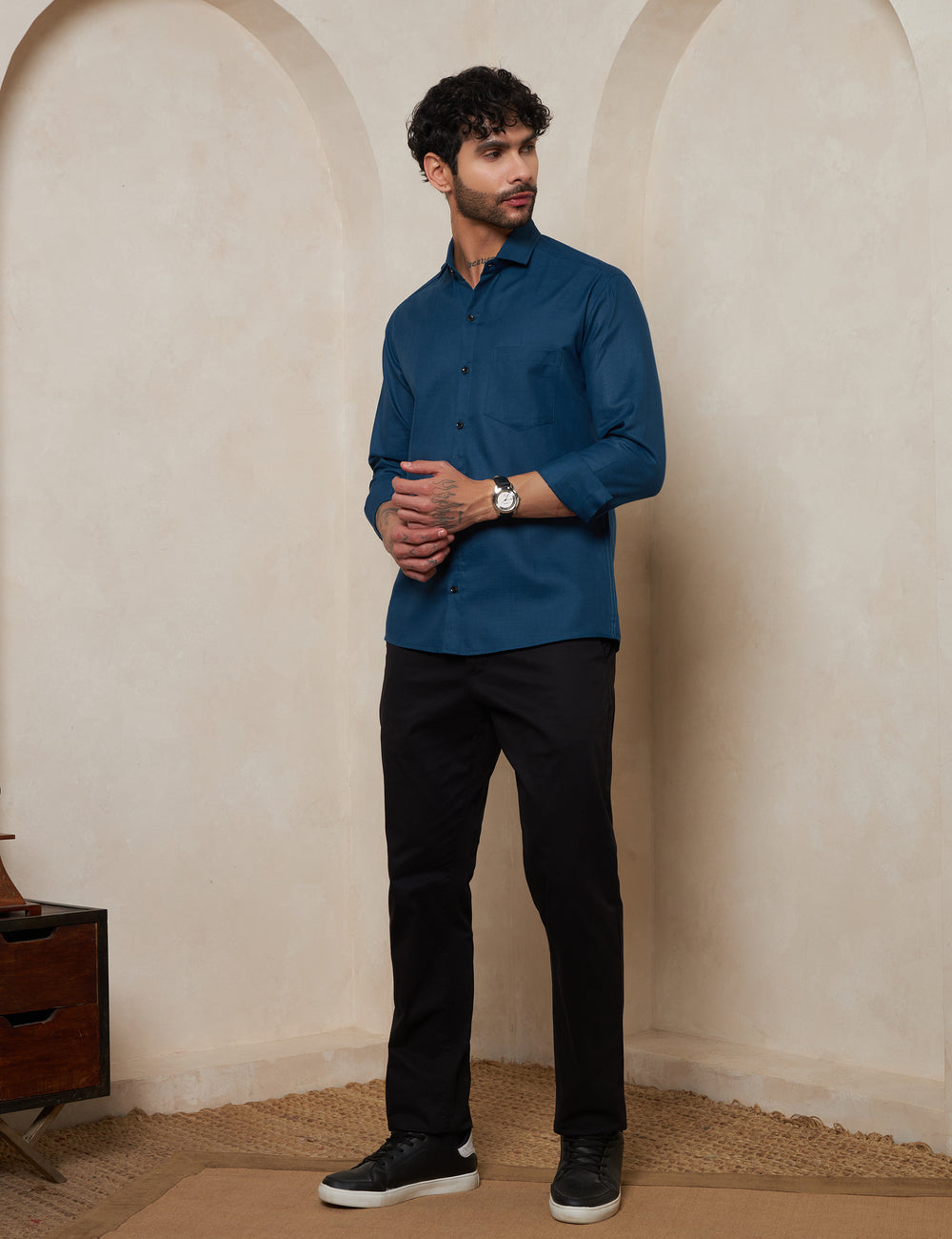 Men’s Slim Fit Teal Blue Textured Cotton Formal Shirt