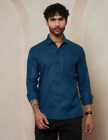 Men’s Slim Fit Teal Blue Textured Cotton Formal Shirt