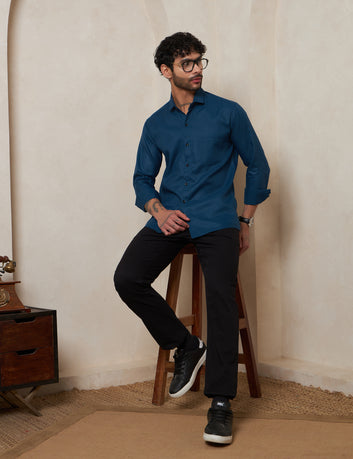 Men’s Slim Fit Teal Blue Textured Cotton Formal Shirt