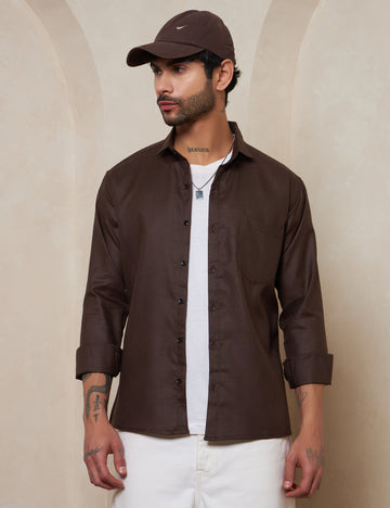 Espresso Textured Cotton Shirt with Mitered Cuffs