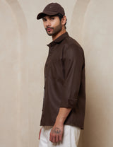 Espresso Textured Cotton Shirt with Mitered Cuffs