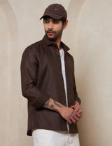 Espresso Textured Cotton Shirt with Mitered Cuffs