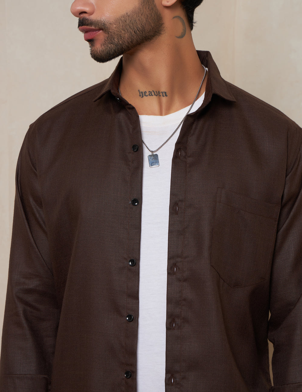Espresso Textured Cotton Shirt with Mitered Cuffs