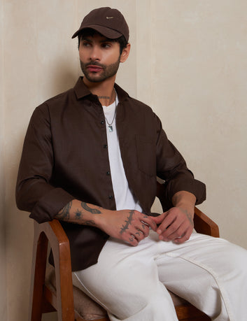 Espresso Textured Cotton Shirt with Mitered Cuffs