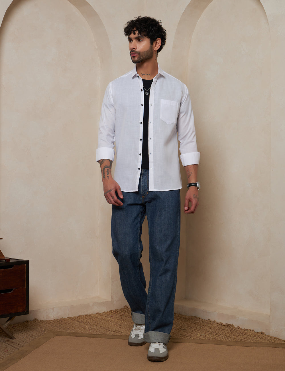 Men’s White Solid Linen-Look Casual Shirt with Contrast Buttons
