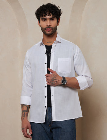 Men’s White Solid Linen-Look Casual Shirt with Contrast Buttons
