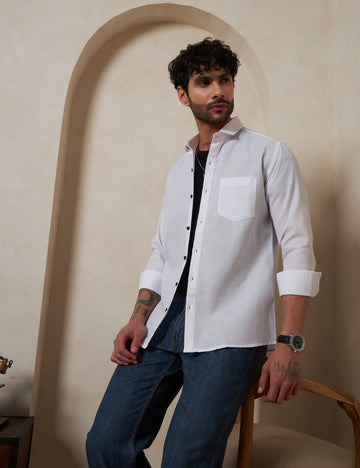 Men’s White Solid Linen-Look Casual Shirt with Contrast Buttons