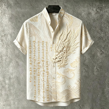 Men's Retro Japanese Art Dragon And Calligraphy Embroidered Print Short-sleeve Shirt
