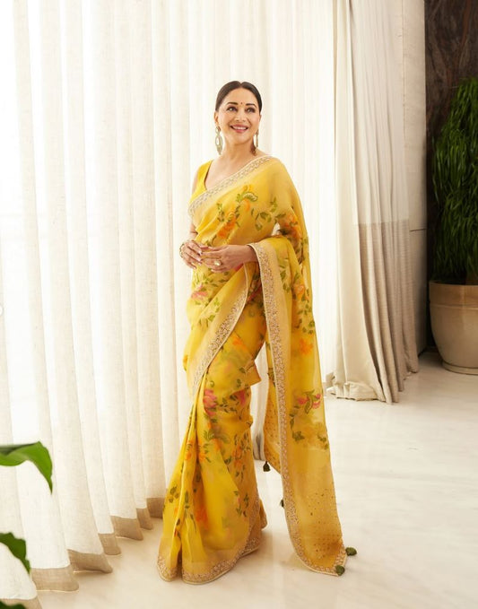 MADHURI  HANDWOVEN BENARASI SILK SAREE- YELLOW