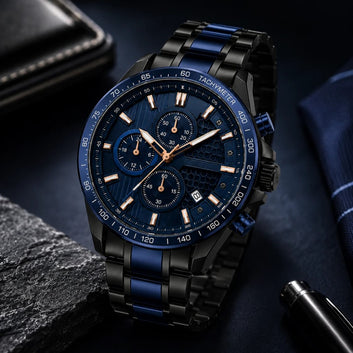 Zayraapparel Men's Luxury Chronograph Watch – Blue & Black Stainless Steel