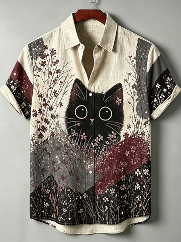 Vintage Black Cat Wild Flower Forest Print Linen Short Sleeve Button Shirt (Copy)