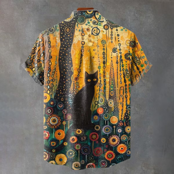 Men's Vintage Black Cat Forest Ethnic Strip Print Casual Shirt