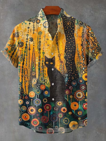Men's Vintage Black Cat Forest Ethnic Strip Print Casual Shirt