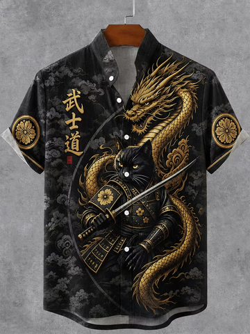 Men's Japanese Art Samurai Black Cat Dragon Print Casual Linen Blend Shirt
