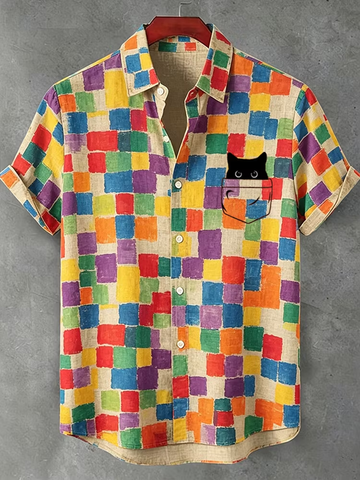Men's Vintage Black Cat And Color Block Art Casual Short-sleeve Shirt