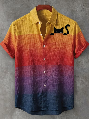 Men's Retro Casual Rainbow Gradient Color Block Fun Black Cat Print Summer Shirt