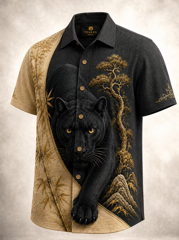 Men's Vintage Black Panther And Bamboo Print Short Sleeve Shirt
