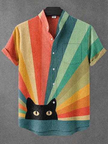 Men's Vintage Black Cat With Rainbow Abstract Art Casual Shirt