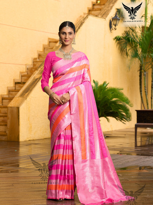 Women Woven Striped Saree with Contrast Border