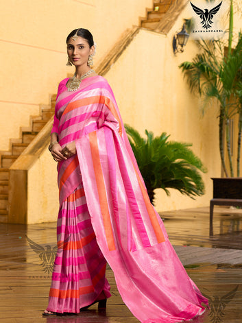 Women Woven Striped Saree with Contrast Border