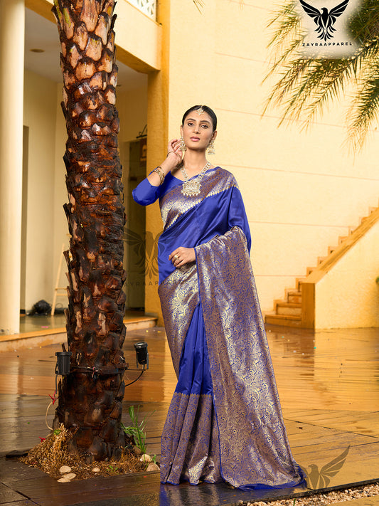 Blue & Gold-Toned Floral Woven Design Zari Banarasi Saree