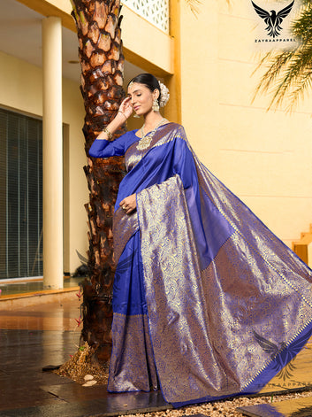 Blue & Gold-Toned Floral Woven Design Zari Banarasi Saree