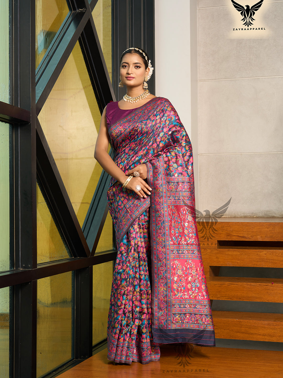 Floral Woven Design Pashmina Zari Saree