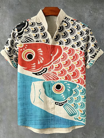 Men's Retro Art Color Block Fish Print Cotton Linen Short-sleeve Shirt