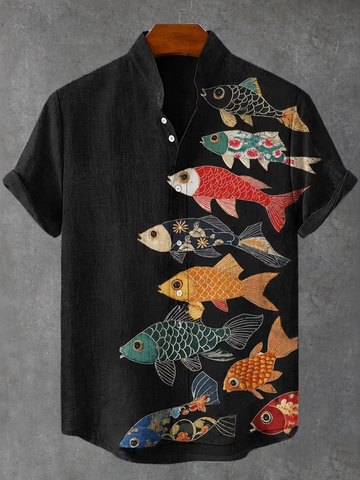 Men's Retro Japanese Art Koi Print Cotton Linen Short-sleeve Shirt