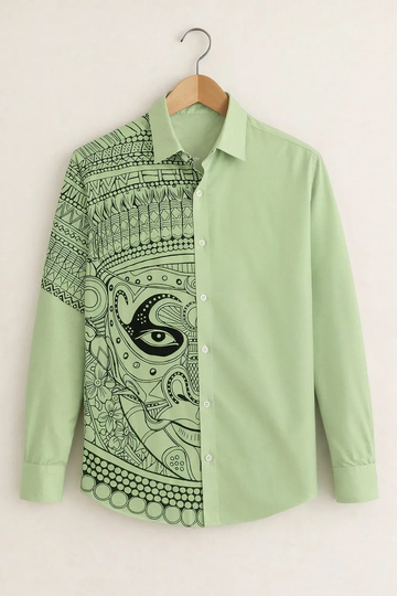 Men’s Artistic Tribal Face Print Green Shirt