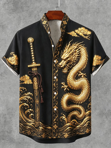 Men's Japanese Art Dragon Pattern Short Sleeve Shirt