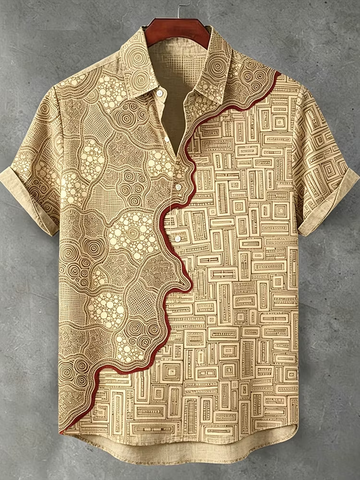 Men's Short-sleeve Button-down Shirt With Japanese Traditional Great Wave And Peony Flower Print (Copy)