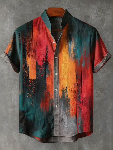 Abstract Thick Texture Thick Brushstroke Oil Painting Color Splash Art Print Men's Short Sleeve Button Up Shirt