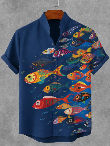Men's Retro Vintage Fish Print Cotton Linen Short-sleeve Shirt
