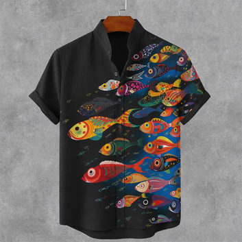 Men's Retro Vintage Fish Print Cotton Linen Short-sleeve Shirt