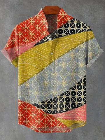 Color Match Splice Golden Vintage Art Print Casual Shirt