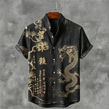 Japanese Style Pine Tree And Calligraphy Dragon Pattern Linen Short-sleeved Shirt