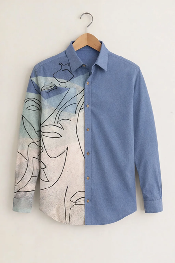 Men’s Abstract Face Art Blue Designer Shirt