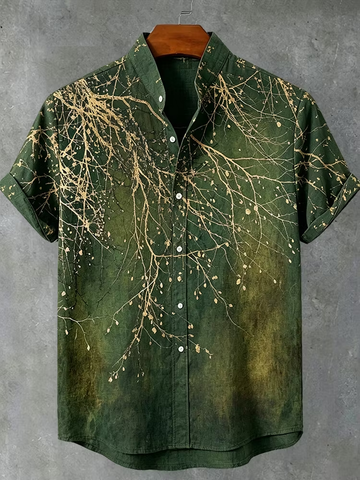 Men's Vintage Plant-printed Art Casual Cotton And Linen Short-sleeved Shirt