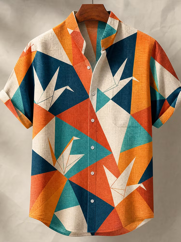 Men's Japanese Style Origami Crane Geometric Colorblock Short Sleeve Shirt